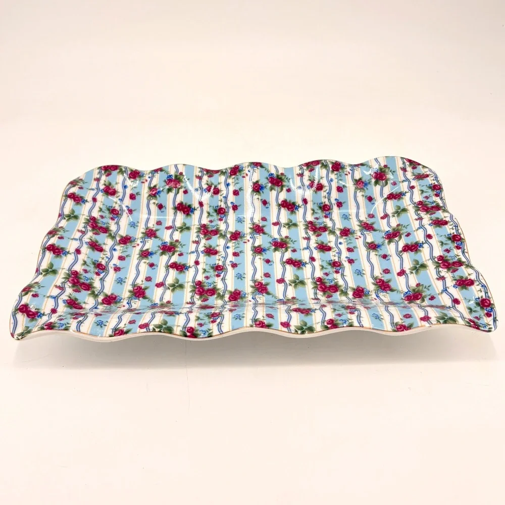 Vintage Jay & Sons Chintz Porcelain Serving Tray Pink Roses Blue Stripes 12